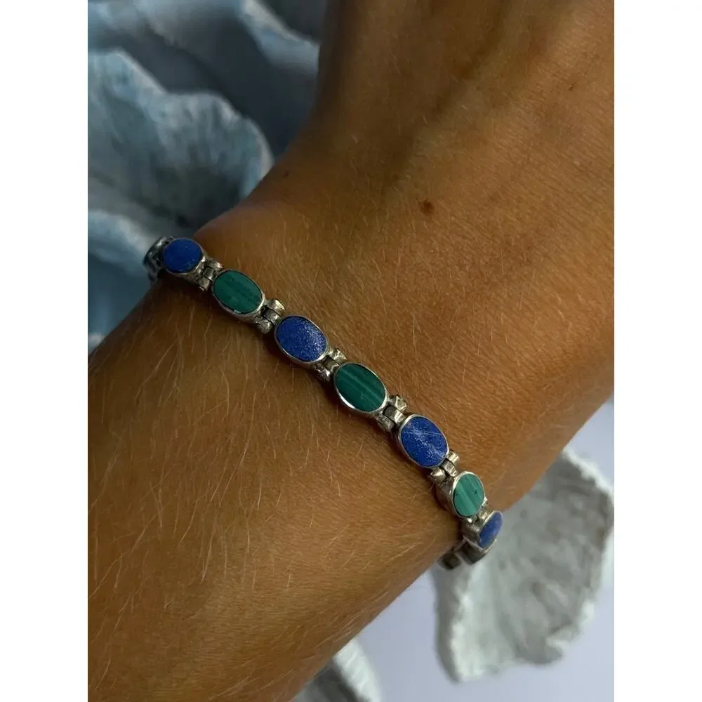 925 Sterling Silver Malachite & Sodalite Bracelet Length 7